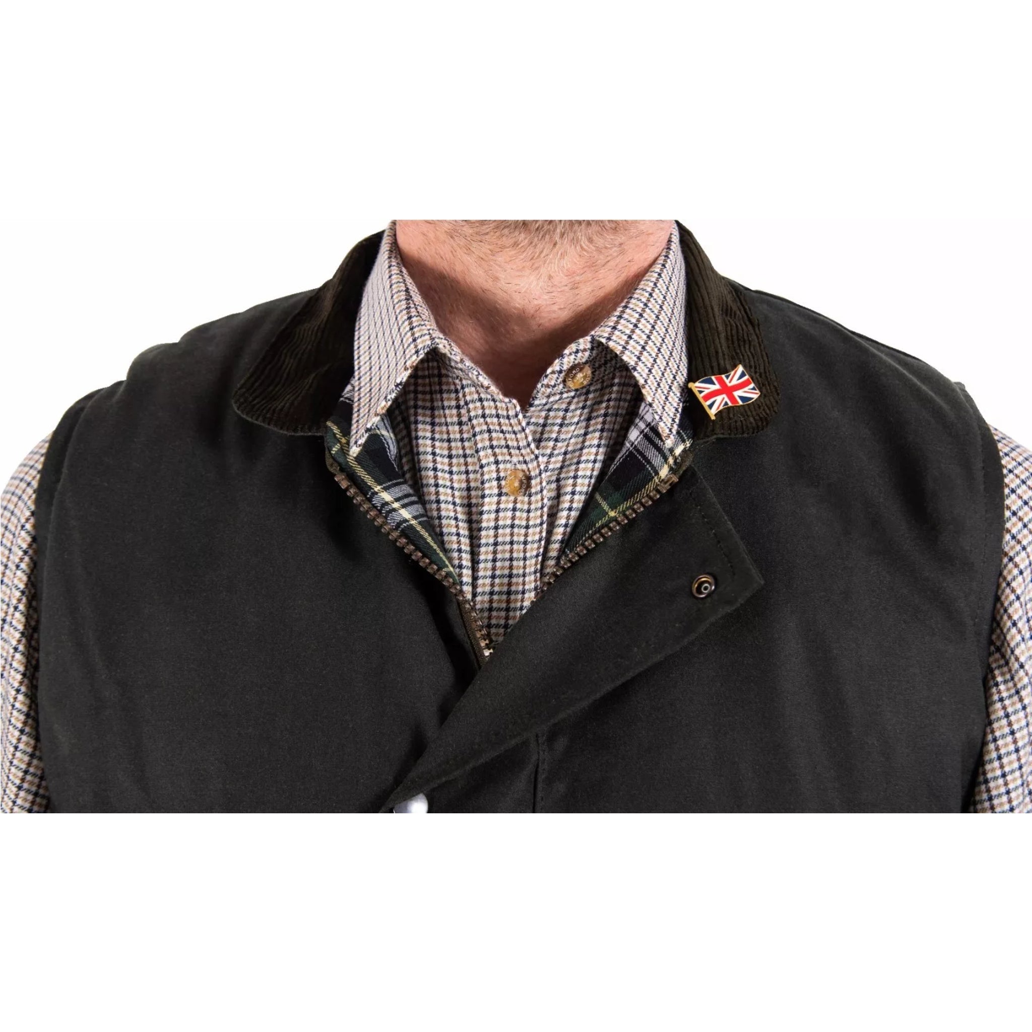 Men's Nicky Adams branded green waterproof wax waistcoat with multiple pockets and tartan lining